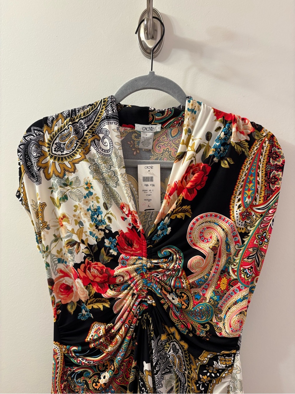 Cache  Paisley & Floral Ruched V-Neck Top - Black/Multicolor Small NWT SEXY - Picture 3 of 6